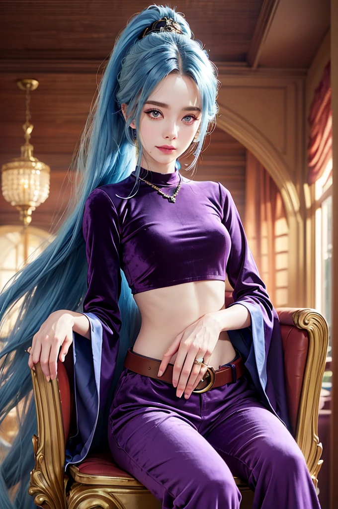 SCHALA, long blue hair, ponytail, purple eyes, long sleeved velvet top, midriff, navel,  purple velvet pants, belt, jewels, sit on throne, rubbing stomach, happy face, royal room, (cinematic lighting, best quality, masterpiece, high details, best quality, highres, HD, 4K, 8k, super detail),