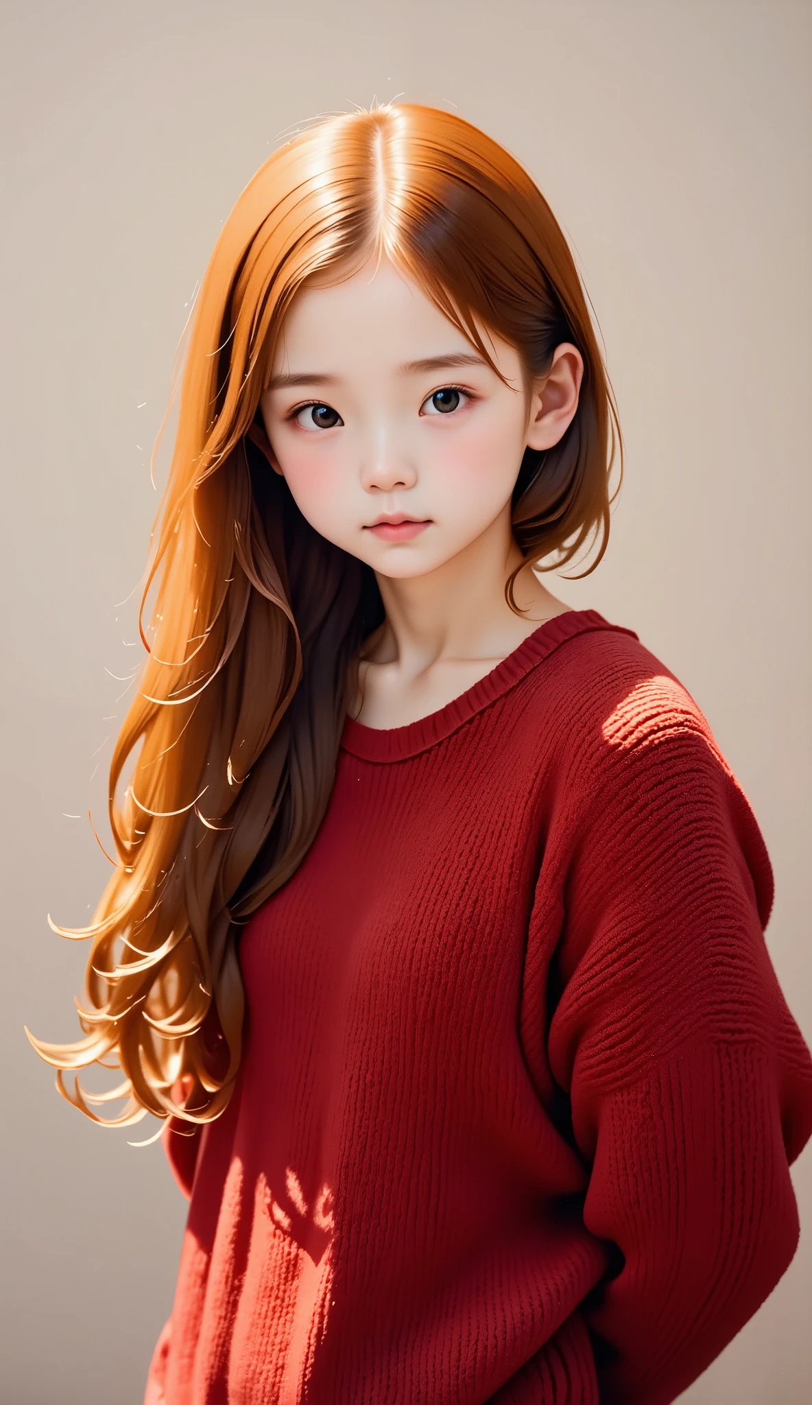 (((Solo Girl))) (  1 girl) ,  full body shot ,  shooting from below  ,  RAW photo , (12yo skinny redhead girl:1.2), ((baby face)) ((intense red hair)) ((  Very Long Hair  )),  blanking  , Realistic skin texture that conceals female genitals ,  oversized knitted sweater , (red:0.8), Softcore, Warm lighting , cozy atmosphere , Naive, shy, short, thin, fit, beautiful, cute,  pale skin, ((  blanking  )),