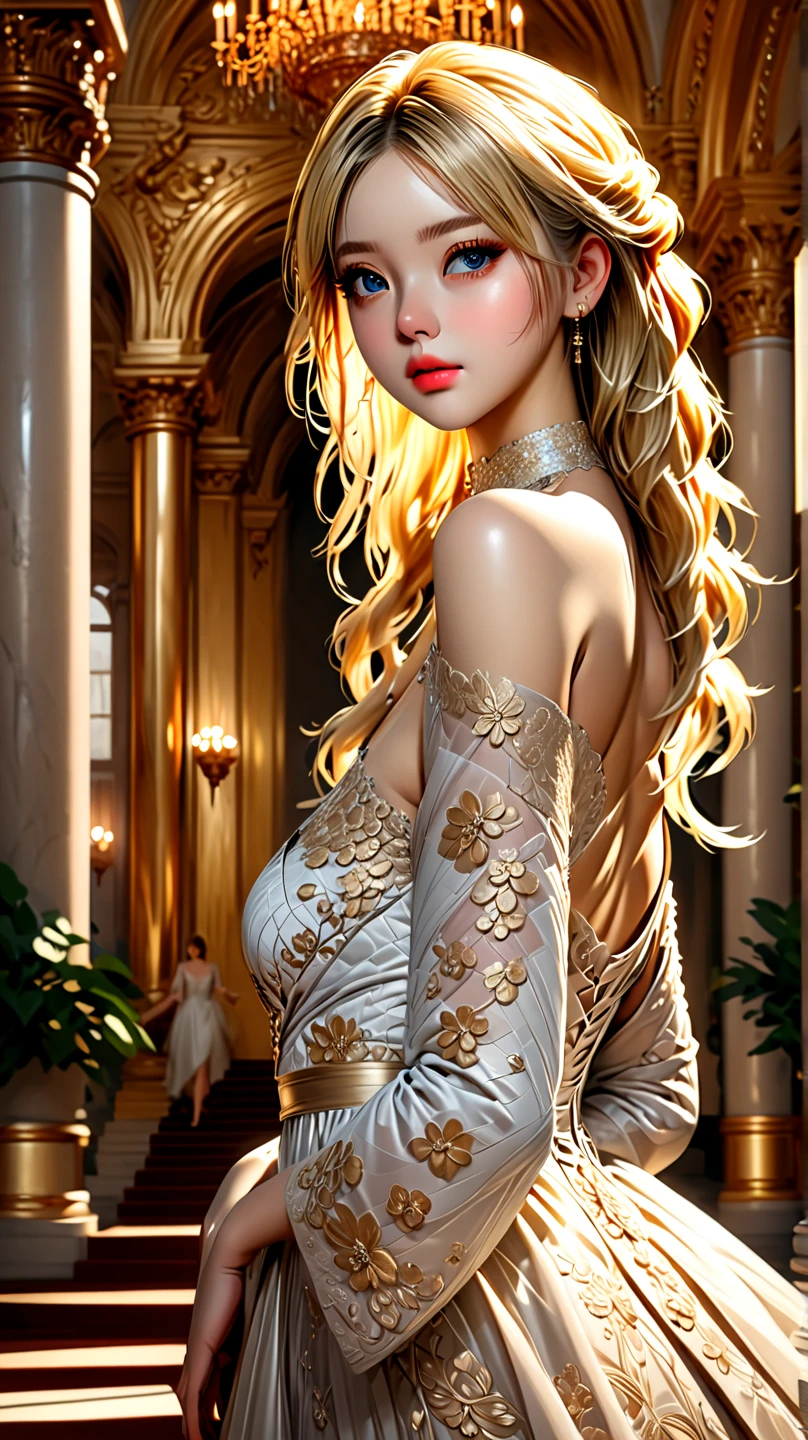 1 female in her mid 40s. Blonde hair, long hair, simple cream colored dress, slim and mature body, thick thighs, large and sagging breasts.
embarrassed face, red cheeks, glassy eyes, Asian eyes. (((masterpiece))),(((intricate details))),(((perfect skin))),(((full HD image)))