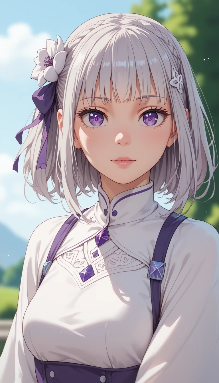 1girl, (Emilia), purple eyes, blue pupils, silver hair, detailed hairstyle, hair flower, depth of field, cute girl 