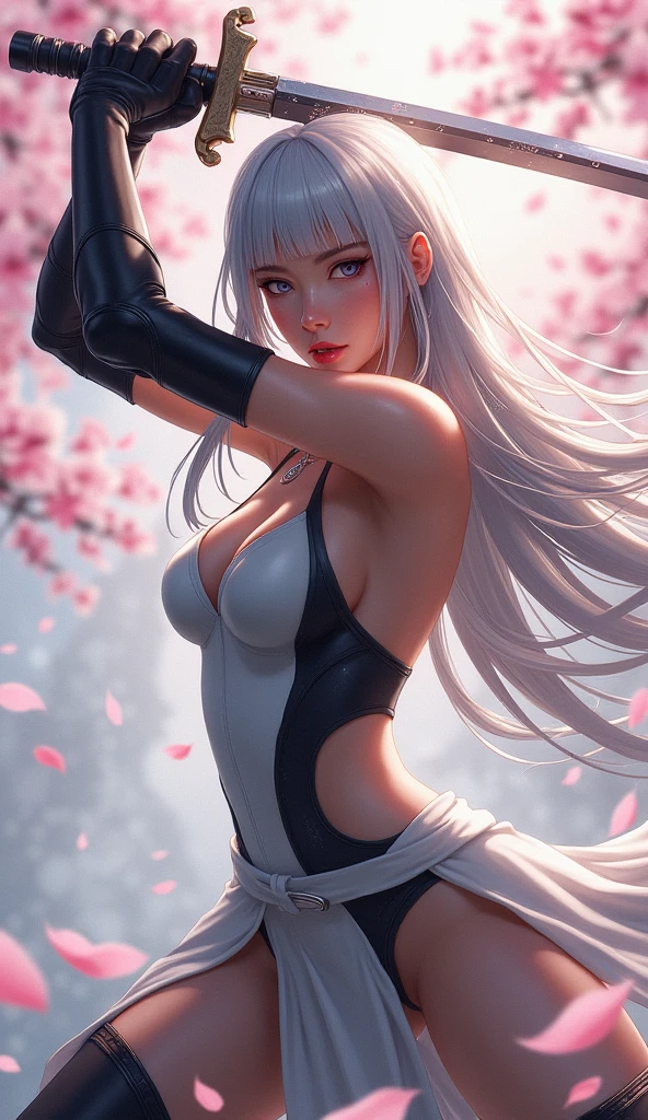 Best Image Quality, MasterPiece, Ultra High Resolution, (Accuracy: 1.4), Very beautiful girl, long straight hair, white hair with bangs, dressed in an unbuttoned kimono, naked big breasts, naked, sitting in lotus position, detailed legs, (flawless anatomy) (detailed anatomy), perfect anatomy, white socks, short socks, arms pointing to the sides, tattoo on neck and chest, reciting mantras, against the background of the night starry sky there is a big fluffy hare, Red Moon. detailed eyes, eyes of different colors, detailed face, naked body,, nfsw, beautiful detailed eyes, halo around the head, dull, dark, membranous, 1.5), (erotic clothing: 1.4), bare shoulders.