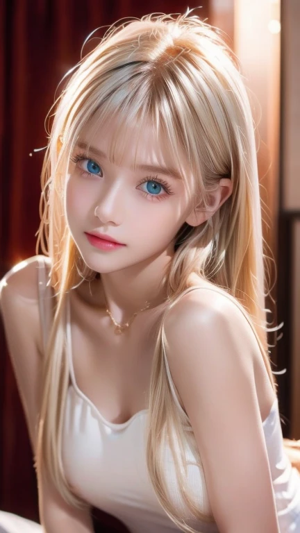 Very white beautiful blonde girl from Scandinavia、A beautiful and luscious face、 beautiful super long straight silky blonde that shines in a dazzling platinum color、Bright expression、Blonde girl posing in a white top、Long golden bangs between the eyes、 bangs that fall over the eyes、Glossy fair skin、Glowing Cheeks、 REAL GIRLS、first time々A 16-year-old girl with an innocent, ish appearance 、Beautiful girl with shining golden platinum blonde、beautiful, very dazzling, vibrant, incredibly bright, mint-green big eyes、Small Face Beauty、Round face、Big Breasts