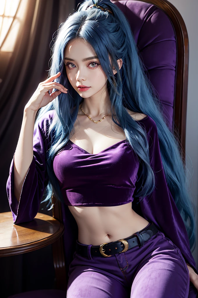 SCHALA, long blue hair, ponytail, purple eyes, long sleeved velvet top, midriff, navel,  purple velvet pants, belt, jewels, sit on throne, rubbing stomach, happy face, royal room, (cinematic lighting, best quality, masterpiece, high details, best quality, highres, HD, 4K, 8k, super detail),