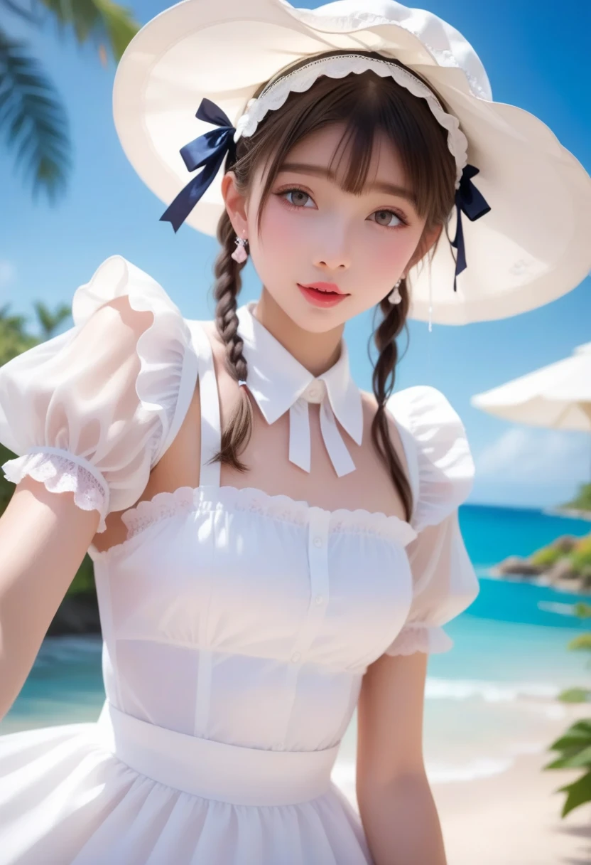 bikini lace dress,nurse uniform,lace wedding dress,Lace cape,full-body shot,Background seaside,Blue sky and white clouds,Under the sky