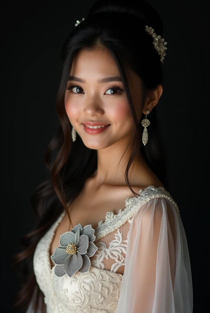 best quality, masterpiece, text "SEXY" in foreground, highres, 1girl, transparent silk china dress, beautiful face, hair ornament, looking at viewer, smile, closed mouth,lips, dress,hair ornament, necklace, jewelry, long hair, earrings, Beautiful face,upon_body, tyndall effect,photorealistic, dark studio, rim lighting, two tone lighting,(high detailed skin:1.2), 8k uhd, dslr, soft lighting, high quality, volumetric lighting, candid, Photograph, high resolution, 4k, 8k, Bokeh photo-realistic, 8k, highly detailed, full length frame, High detail RAW color art, diffused soft lighting, shallow depth of field, sharp focus, hyperrealism, cinematic lighting, a woman in a beautifully makeup, eyeshadow, beautiful big eyes, long eye lashes, wearing (Gray satin), loosely tide, ((Taupe satin kaftan)),