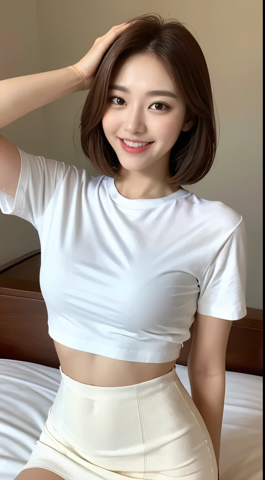 White tight T-shirt、White tight mini skirt、bed、smile、Short sleeve、high resolution、Korean idol face、double eyelid、White teeth、Medium Hair、Black Hair