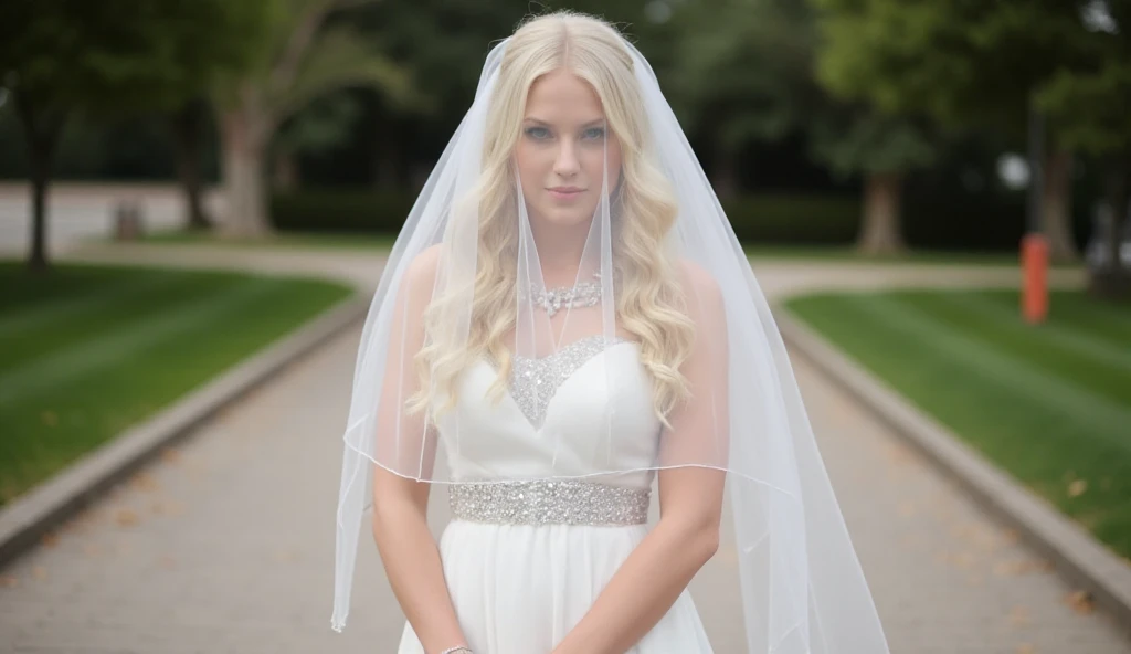 full white non transparent veil covering her entire face nsfw, highly detailed, realistic, hyperrealistic, full definition, high resolution and full body image of a beautiful, sexy, hot, blond, bride standing facing her guests, her tits are large, exposed and the focus point of the camera, the short wedding dress is modern and semi transparent