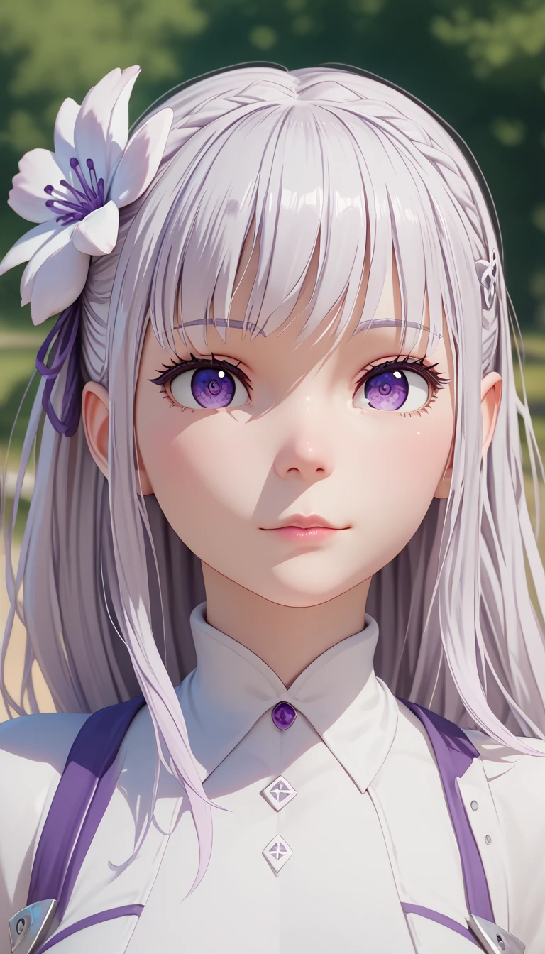 1girl, (Emilia), purple eyes, blue pupils, silver hair, detailed hairstyle, hair flower, deep depth of field, cute girl, 3d