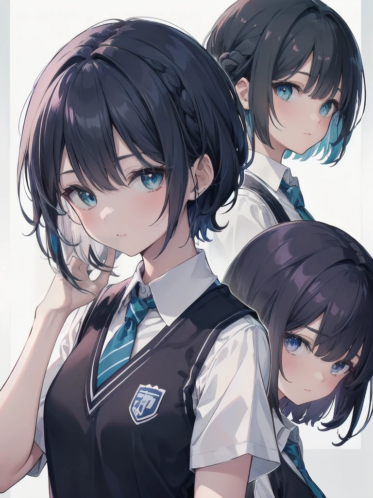 Masterpiece, top quality, super detailed, 16k, One girl, spring, high school, warm colors, school bag, accurate and highly detailed background, flock of schoolgirls in uniforms of various body shapes and hairstyles, cute. Blake. akane kurokawa, 1girl, short hair, blue hair, green eyes, black hair, medium hair, white shirt, collared shirt, , vest, white shirt, sweater vest, black vest, blue necktie, one-length bob, create bangs, add some lightness to the area around the face, and leave the ends of the hair thick throughout. dark blue-purple hair, blue eyes
