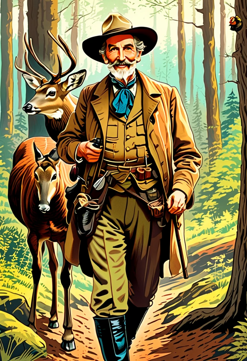 Full body view of elderly Vincent Price  As a elderly forest ranger with a tame deer next to him and a blackbird on his shoulder, smiling in a friendly manner standing in the forest, coloured drawing in the style of 1871 Punch magazine illustrations. In the style of Charles Dana Gibson