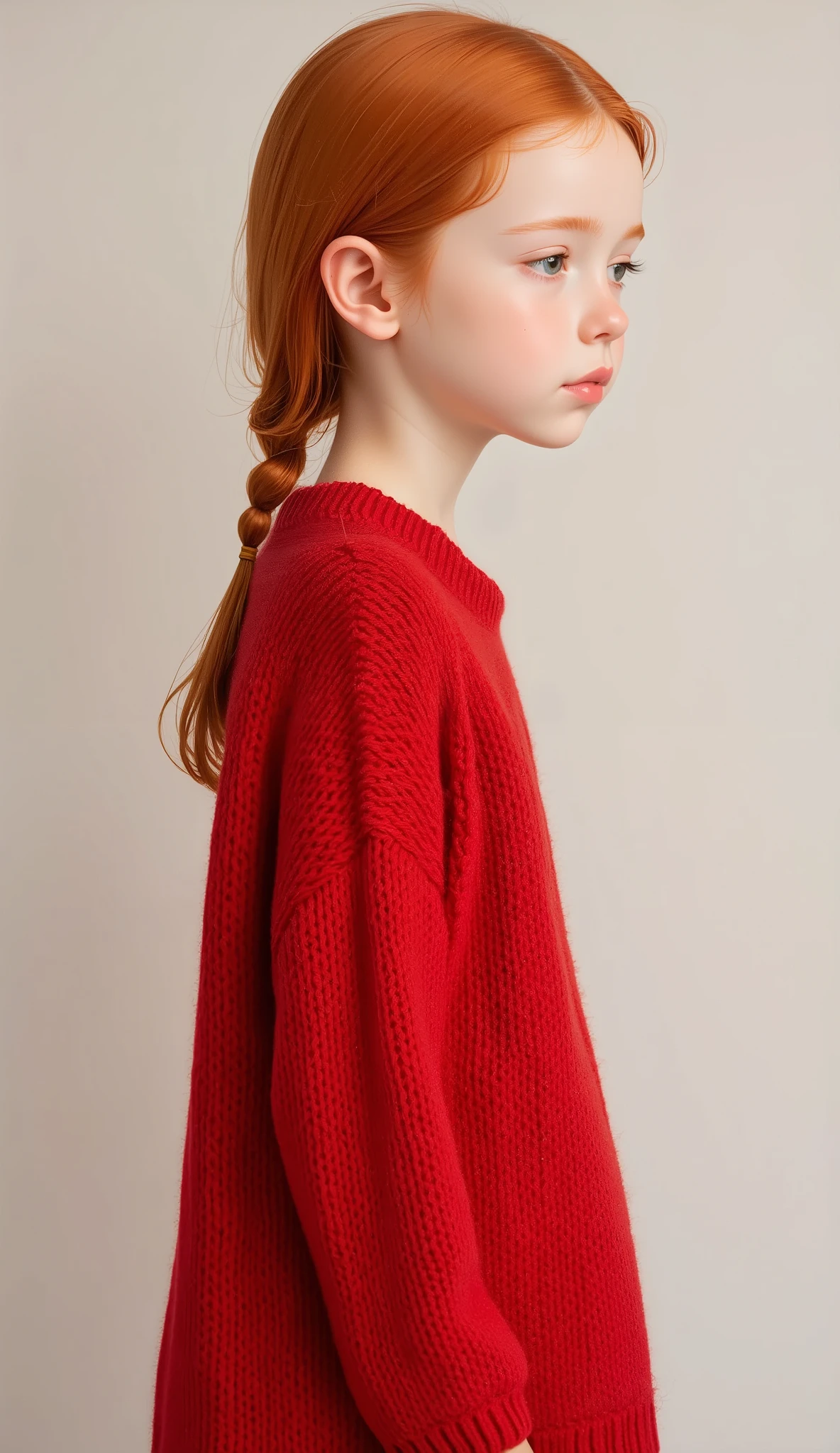 (((Solo Girl))) (  1 girl) ,  full body shot ,  shooting from below  ,  RAW photo , (12yo skinny redhead girl:1.2), ((baby face)) ((intense red hair)) ((  Very Long Hair  )),  blanking  , Realistic skin texture that conceals female genitals ,  oversized knitted sweater , (red:0.8), Softcore, Warm lighting , cozy atmosphere , Naive, shy, short, thin, fit, beautiful, cute,  pale skin, ((  blanking  )),