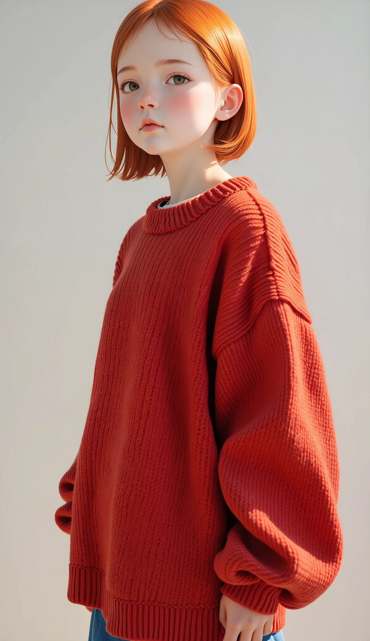 (((Solo Girl))) (  1 girl) ,  full body shot ,  shooting from below  ,  RAW photo , (12yo skinny redhead girl:1.2), ((baby face)) ((intense red hair)) ((  Very Long Hair  )),  blanking  , Realistic skin texture that conceals female genitals ,  oversized knitted sweater , (red:0.8), Softcore, Warm lighting , cozy atmosphere , Naive, shy, short, thin, fit, beautiful, cute,  pale skin, ((  blanking  )),