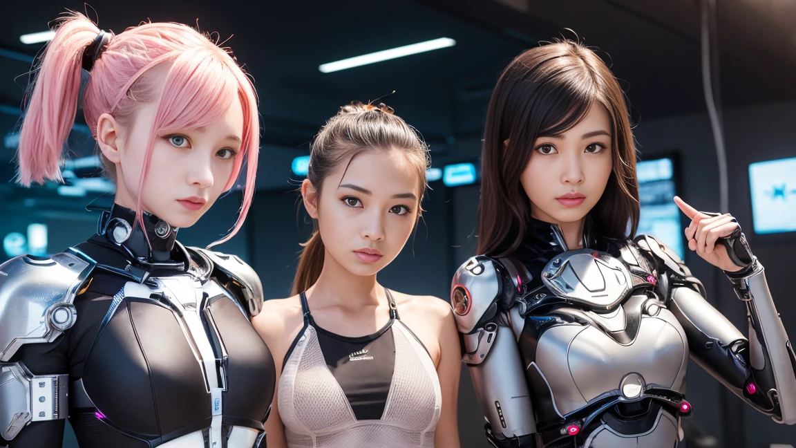 Photo of two realistic black Sazabi girls,Shortcut Bob Cut,I have a lot of hair,brown eyes,Hair color is bright pink,cool look,background is gray,16 year old daughter of Haman Khan and Char Aznable.