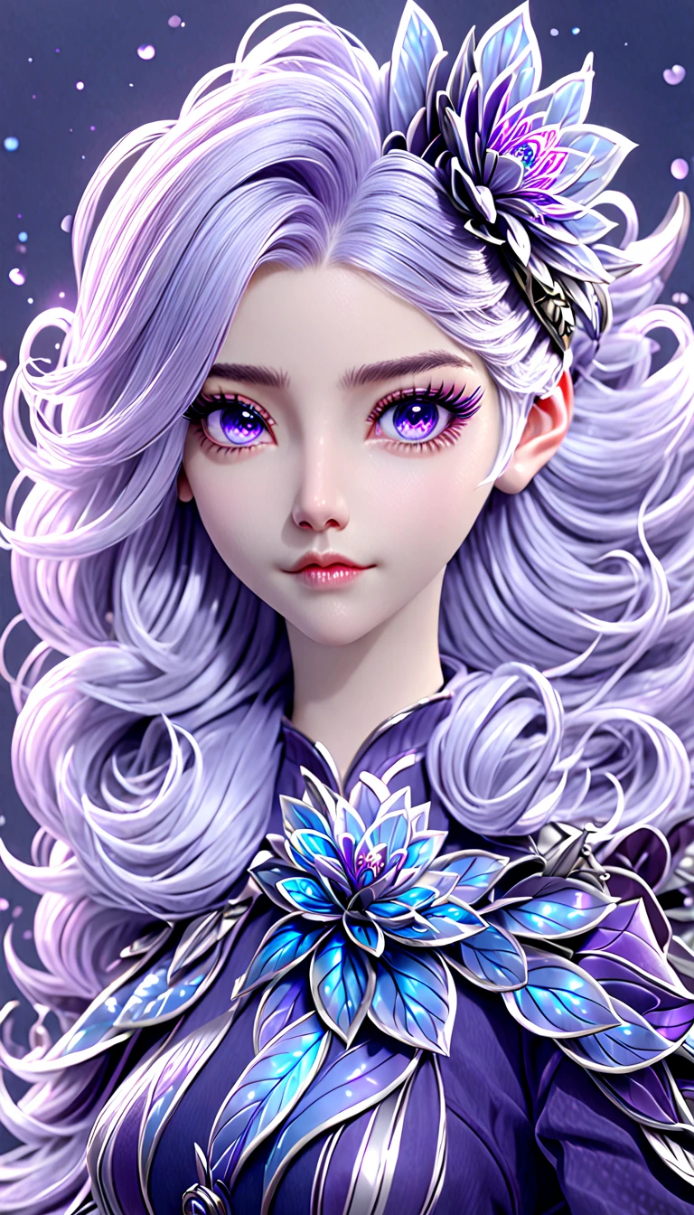 1girl, (Emilia), purple eyes, blue pupils, silver hair, detailed hairstyle, hair flower, deep depth of field, cute girl, 3d