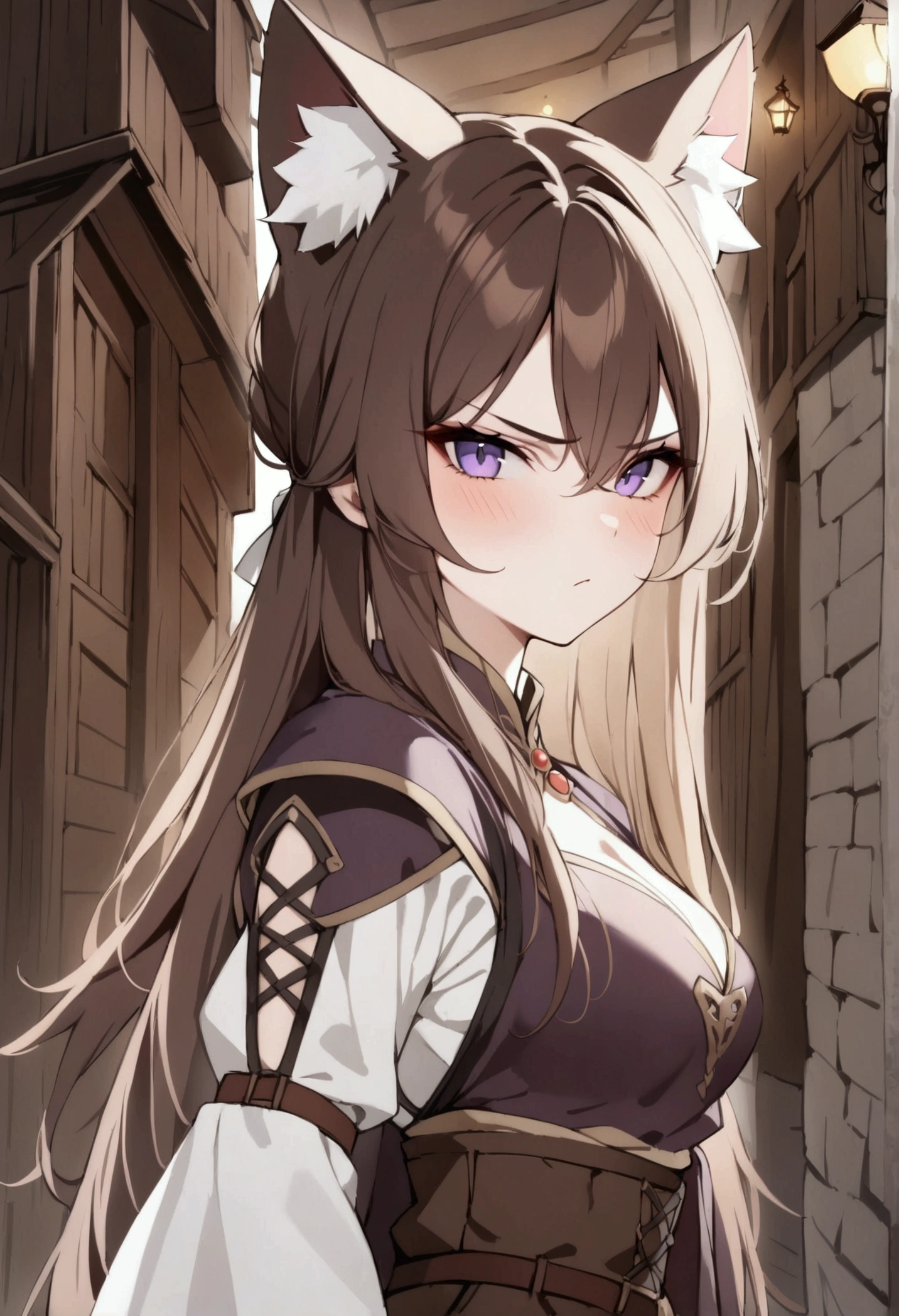 (1girl, Masterpiece, best quality, beautiful) A young cat-woman female with (long length brown hair). brown cat ears with white fur. Neutral, sligthly serious expression. medieval-style fancy dark brown, white and purple outfit. She has purple eyes. She has a brown belt cinched around her waist. She wears brown pants. 
