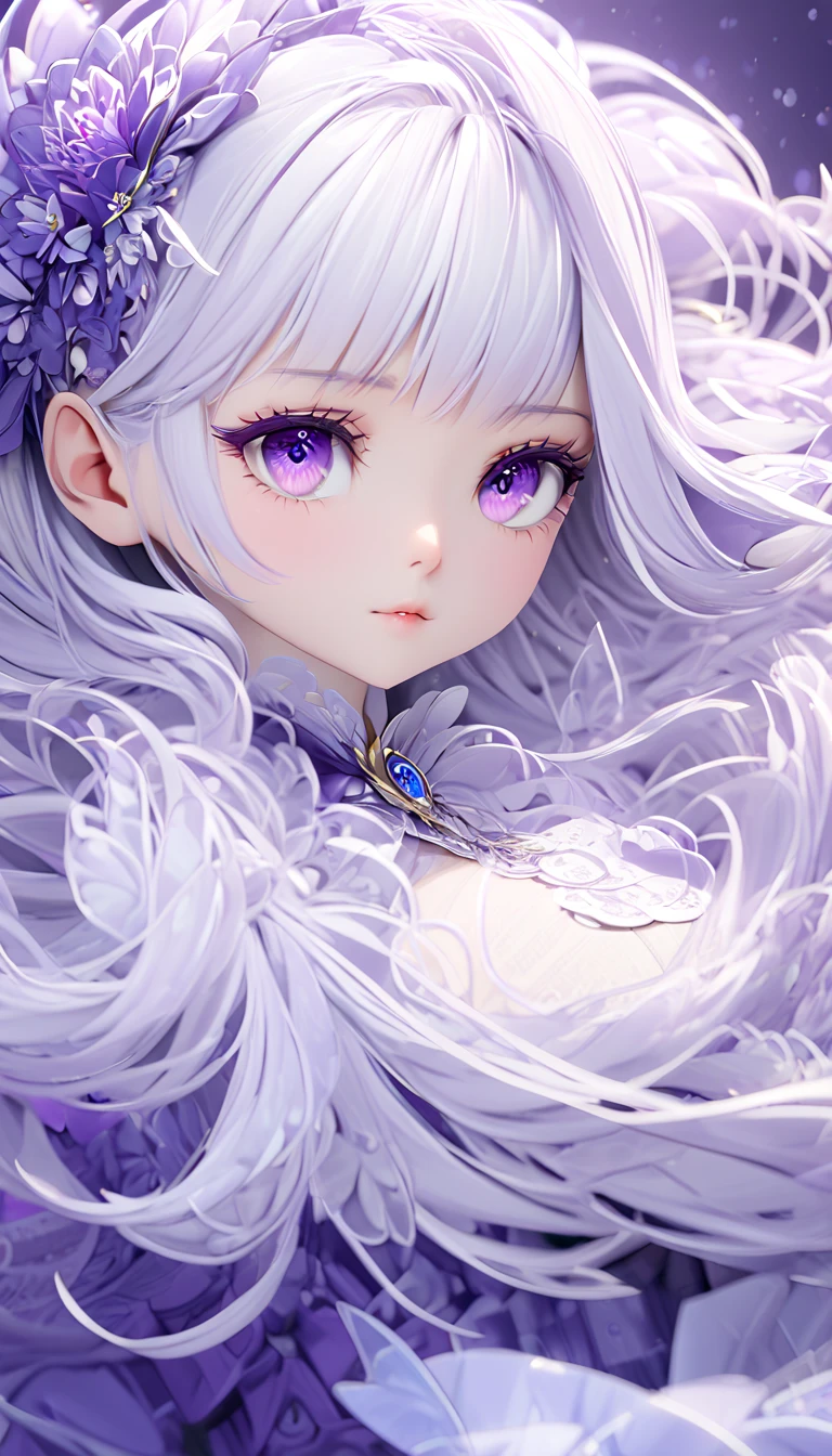 1girl, (Emilia), purple eyes, blue pupils, silver hair, detailed hairstyle, hair flower, deep depth of field, cute girl, 3d