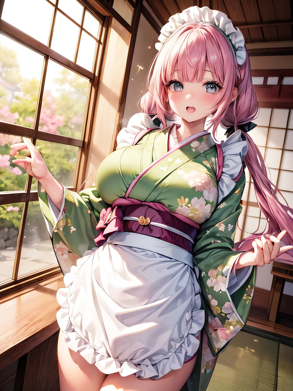 Beautiful sparkling eyes,とてもかわいいface, Beautiful Japanese Girl,( solo girl),(gigantic breasts),( Laugh with your mouth wide open ,とても幸福な笑face),(Pink Hair,Cross Bangs ),(pink low twintails hair:1.3),( big light blue eyes ),View Viewer,break, kimono,(Japanese style maid costume,Green kimono,Floral,Ruffle cuff , Frilled Apron , waist apron :1.4),( thigh high socks ),( Maid Headdress ),(Hiding the skin,Formal Wear:1.3),Japanese Style Coffee Shop , standing, cowboy shot,( cinematic angle),(masterpiece, top quality), Masterpiece ,とても美しい Details CG, ( Details_face:1.2) ,4K,8k , perfect hands, Perfect Anatomy