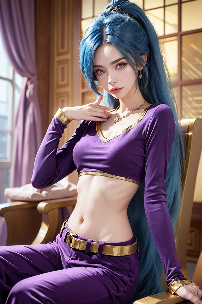 SCHALA, long blue hair, ponytail, purple eyes, long sleeved velvet top, midriff, navel, purple velvet pants, belt, jewels, sit on throne, (rubbing stomach), happy face, royal room, (cinematic lighting, best quality, masterpiece, high details, best quality, highres, HD, 4K, 8k, super detail),