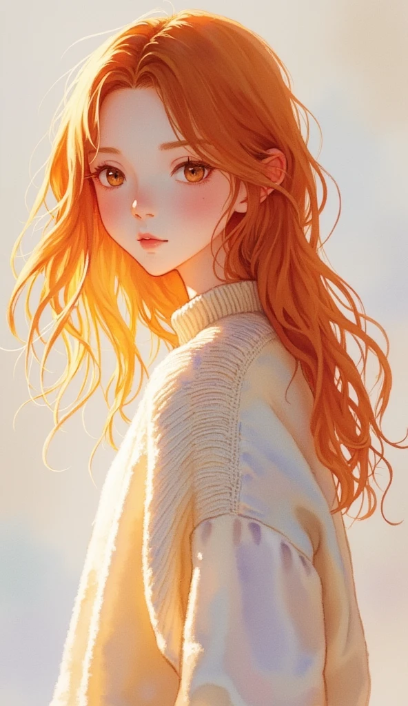 Watercolor、Watercolor風、(((Solo Girl))) (  1 girl) ,  full body shot ,  shooting from below  ,  RAW photo , (12yo skinny redhead girl:1.2), ((baby face)) ((intense red hair)) ((  Very Long Hair  )),  blanking  , Realistic skin texture that conceals female genitals ,  oversized knitted sweater , (red:0.8), Softcore, Warm lighting , cozy atmosphere , Naive, shy, short, thin, fit, beautiful, cute,  pale skin, ((  blanking  )),