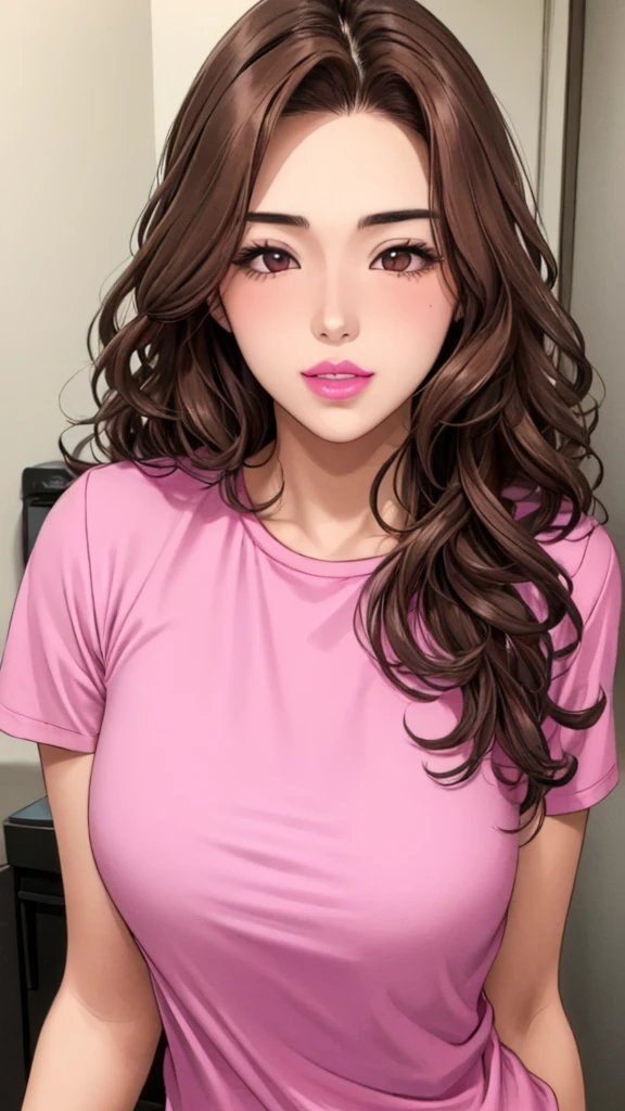 Girl, long wavy brown hair, brown eyes, soft sharp features, white skin, pink lips, pink shirt
