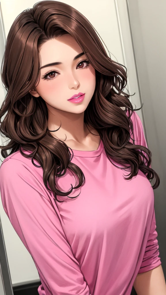 Girl, long wavy brown hair, brown eyes, soft sharp features, white skin, pink lips, pink shirt