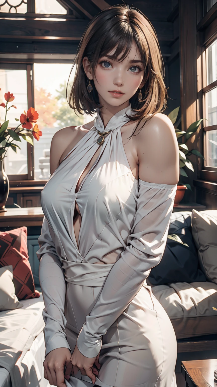 (1girl:1.3), (photorealistic:1.4), (masterpiece, top quality, best quality, official art), extreme detailed, highest detailed, (ultra-detailed), ((an extremely delicate and beautiful)), cinematic light, (petite, sexy, upper body, shy look, tight dress, aroused look, lips apart, moaning, white hair, messy hair, small chest, getting intimate, love scene, laying on sofa, underboob),