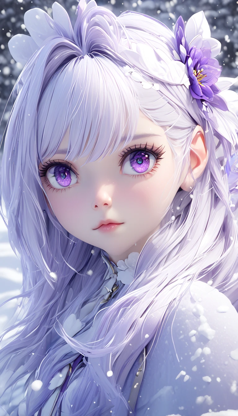 1girl, (Emilia), purple eyes, blue pupils, silver hair, snow, hair flower, deep depth of field, cute girl, 3d, ((realistic))