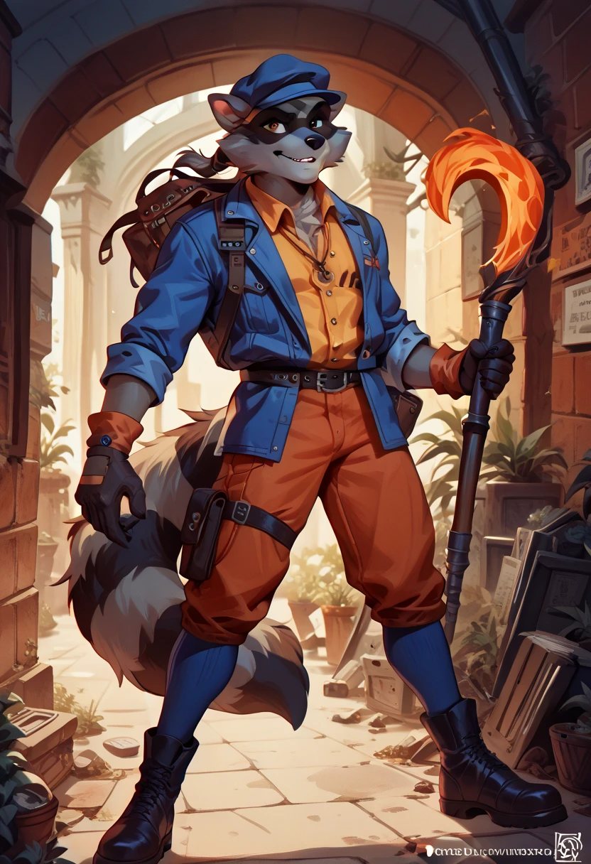 Infiltration,anthro raccoon, furry, long tail,cool expression,infiltration outfit, anthropomorphic, colorful, dark colors and tone, Thief style