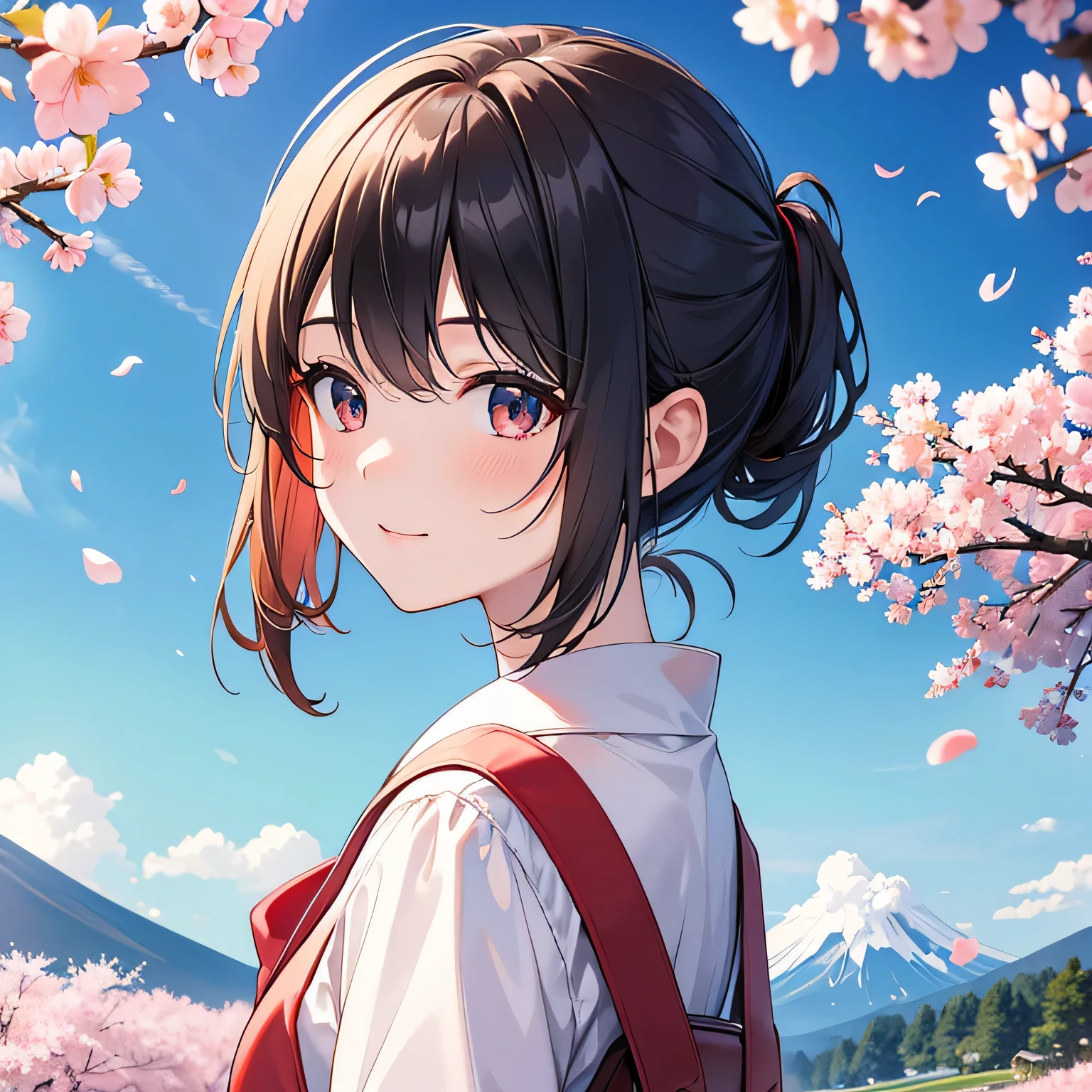 Best picture quality, highest quality, 1080p, 8K, masterpiece, first class, front, background only, red Mt. Fuji, blue sky and white clouds behind, cherry blossom trees in foreground left and right, bust close-up