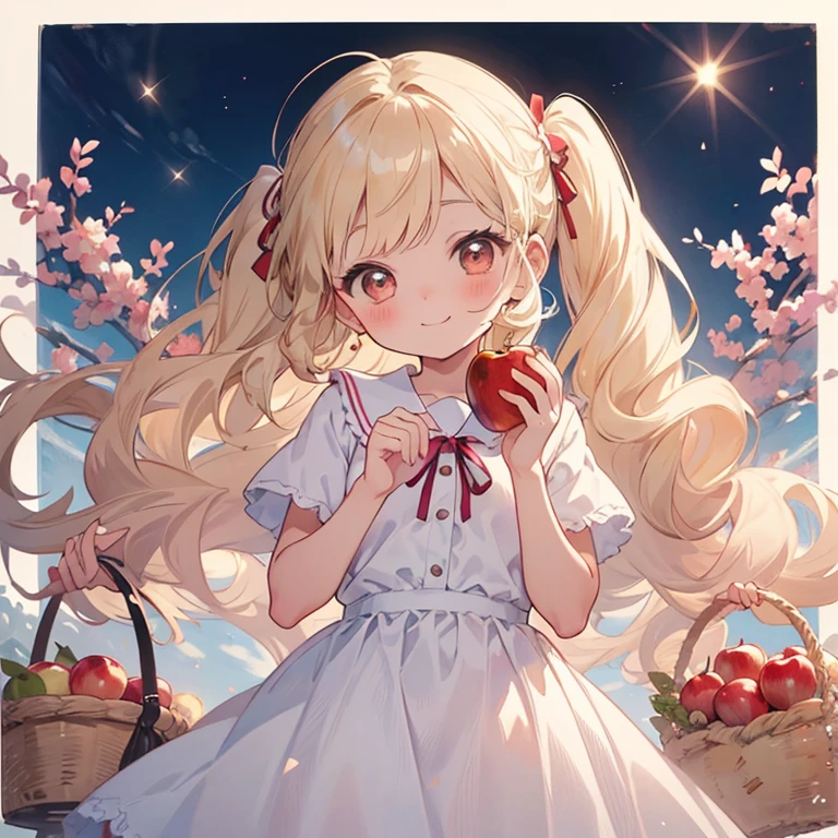  top quality,   1 girl,    A very delicate and beautiful girl  ,  Light Blonde , young　  Fine Wavy Hair  　  twin tail hair 　   voluminous hair   　Lots of hair 　  Short Slightly Bangs  　  Fewer Curly Bangs  　  voluminous twin tails with red ribbons　  Brown Eyes  ,   Pinch Your Nose  , (very young 々Nice appearance ), (( so pretty)),  Fine Curls  , smile,   happy  ,  Thick fabric dress  、warm　 cute anime girl portrait ,  anime girl auto  ,    anime girl in white dress  ,  鮮明で鋭いRPGのWatercolor , Watercolor,Apple Orchard Background 　 A basket full of apples  　active　kind　 fantasy　Fluffy hair elementary school student 