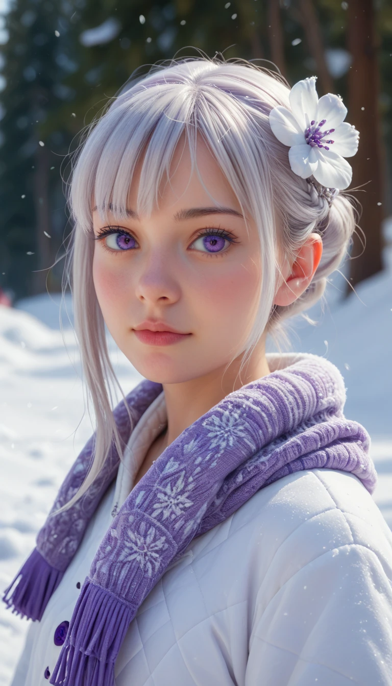 1girl, (Emilia), purple eyes, blue pupils, silver hair, detailed hairstyle, hair flower, deep depth of field, cute girl, teenager, realistic, snow, ice