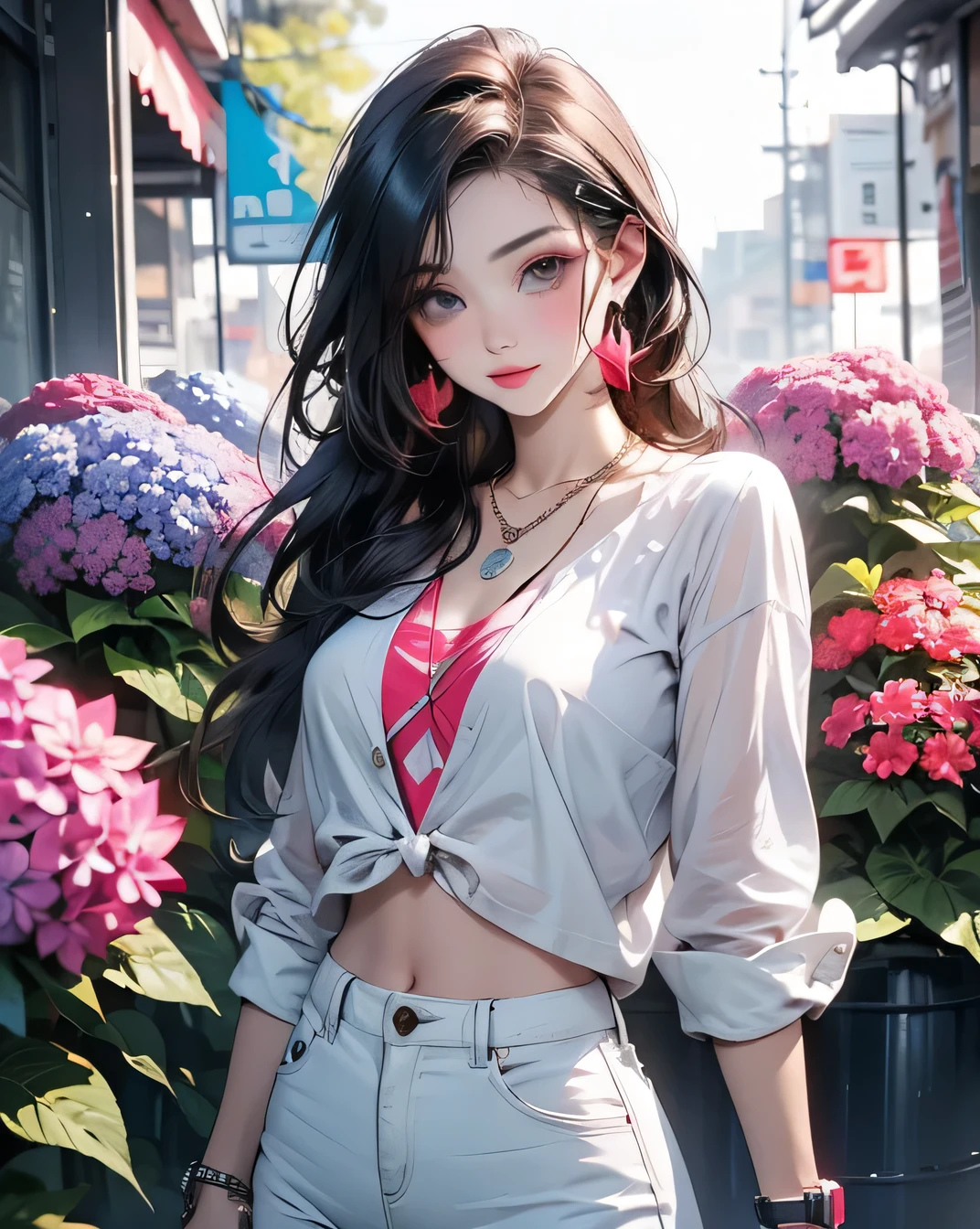 Gentle and attractive Chinese beauty, Half-body photo, Delicate and sexy collarbone, Attractive oval face, double eyelid, Bright pink eyes, Pink Lips, Small Nose, Exposing shoulders, Ultra-high resolution, Super Details, Elegant standing posture, Korean style puff sleeve square collar slim short shirt, Pair it with a high-waisted light-colored jeans suit.