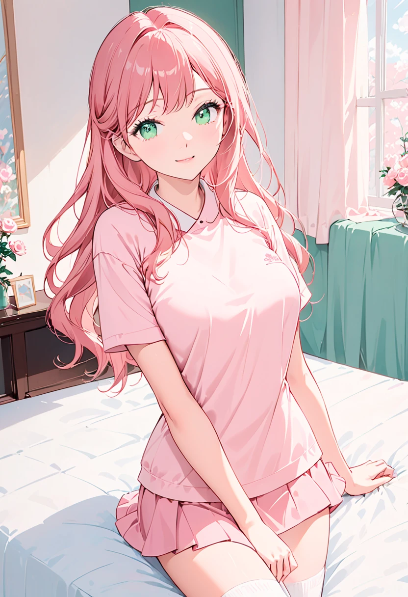 masterpiece, best quality, girl, long hair, primarily rose gold, featuring soft pink highlights throughout, deep emerald green eyes (#006742), gentle smile. She is wearing a pink nurse uniform with an underboob style top and a pink short skirt. The atmosphere is warm and inviting. She is standing in a cozy room, slightly leaning towards the viewer. The viewer is lying in bed, with only their arm in a cast visible in the foreground