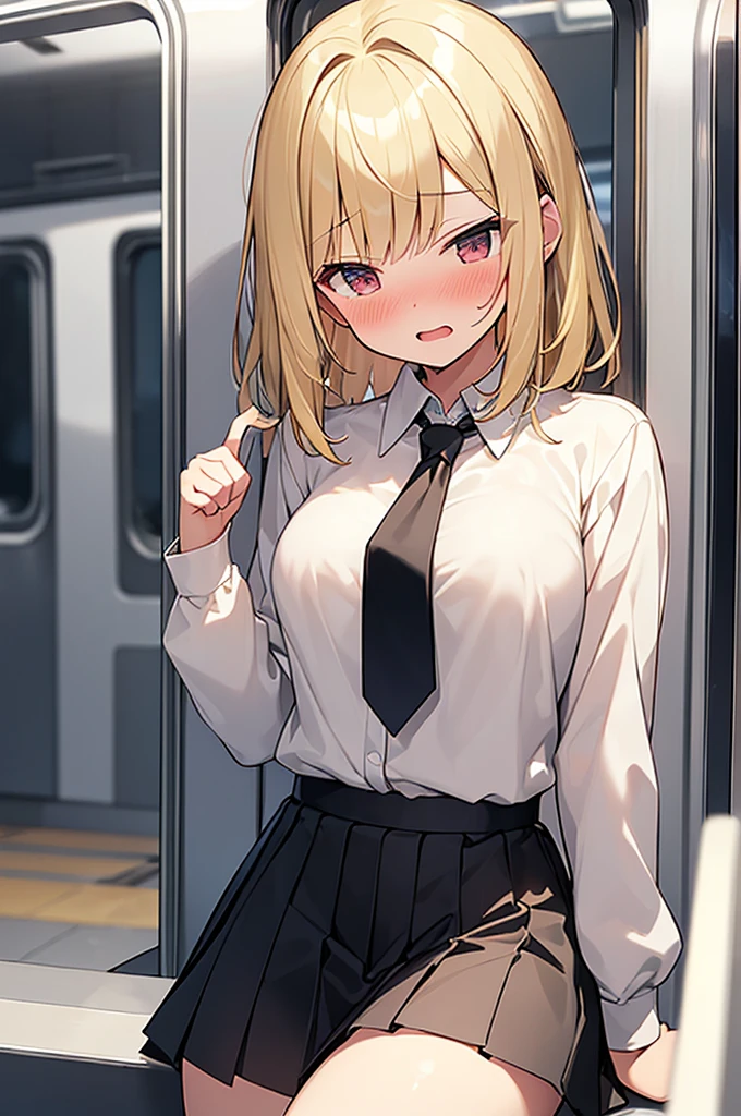 (Masterpiece, Top quality:1.5), nsfw, (1 beautiful girl:1.2), solo, (short height:1.3), (long sleeve white shirt, black pleated skirt, tie:1.2), (blonde hair:1.3), (medium Hair:1.2), wavy Hair, asymmetry bangs, swept bangs, airy hair, junior high school student, standard weight, ample breasts:1.2, smile:1.2, (blush:1.4), beautiful scene of in train, open mouth