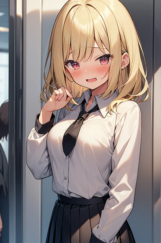 (Masterpiece, Top quality:1.5), nsfw, (1 beautiful girl:1.2), solo, (short height:1.3), (long sleeve white shirt, black pleated skirt, tie:1.2), (blonde hair:1.3), (medium Hair:1.2), wavy Hair, asymmetry bangs, swept bangs, airy hair, junior high school student, standard weight, ample breasts:1.2, smile:1.2, (blush:1.4), beautiful scene of in train, open mouth