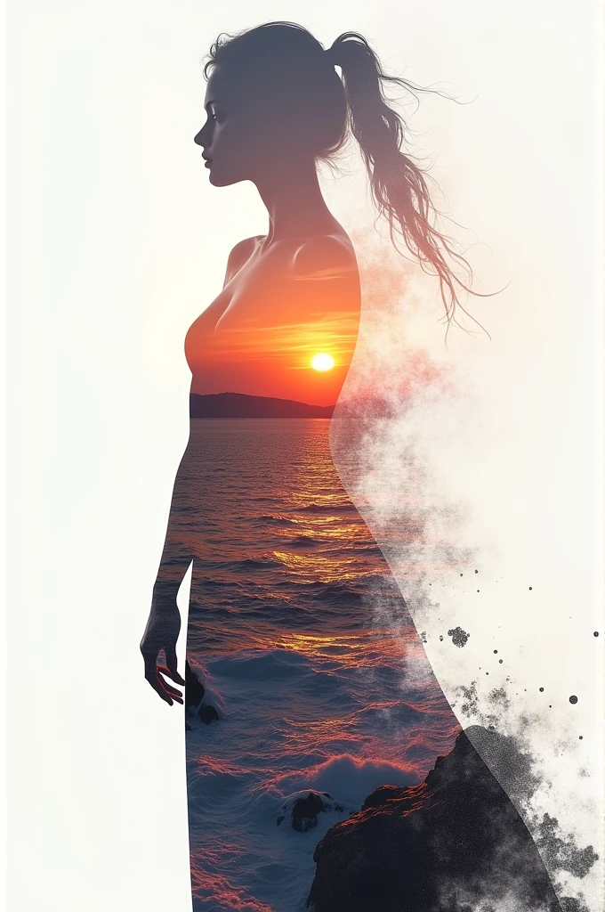 high quality, 8K Ultra HD, A beautiful double exposure that combines an goddess silhouette with sunset coast, sunset coast should serve as the underlying backdrop, with its details incorporated into the goddess , crisp lines, The background is monochrome, sharp focus, double exposure, by yukisakura, awesome full color,