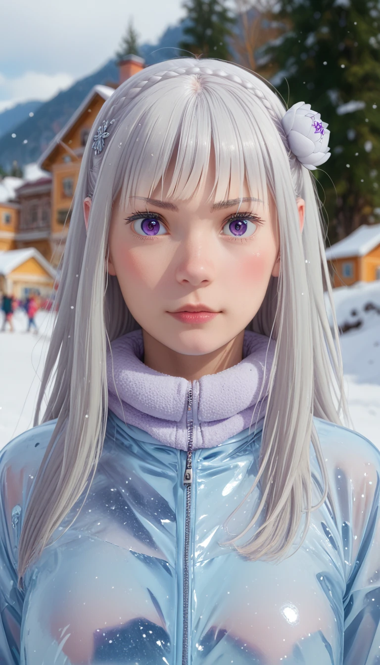 1girl, (Emilia), purple eyes, blue pupils, silver hair, detailed hairstyle, hair flower, deep depth of field, cute girl, teenager, realistic, snow, ice