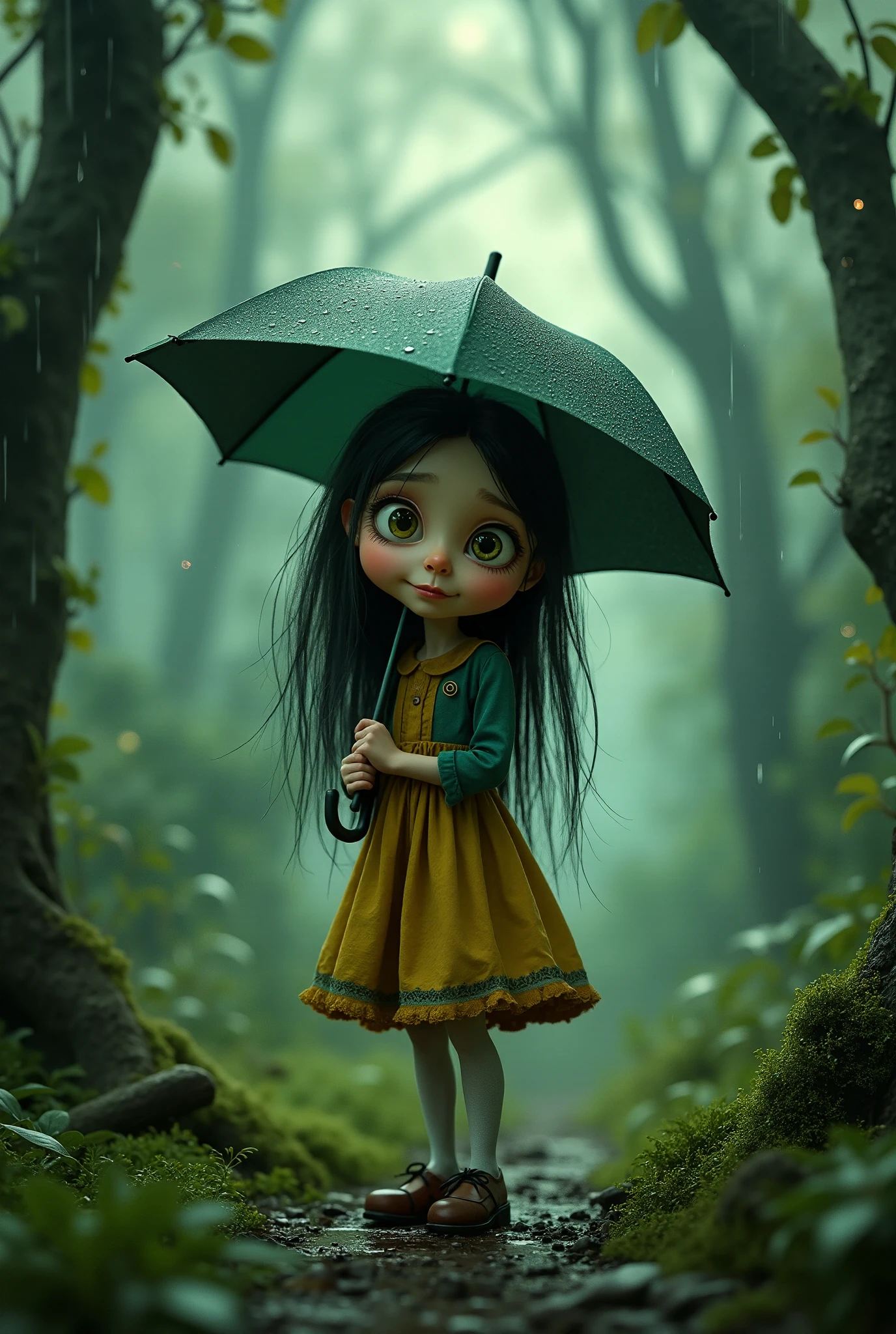 forest, umbrella in left hand, rainy day, Tim Burton happy Coraline girl zoom in look into the camera.