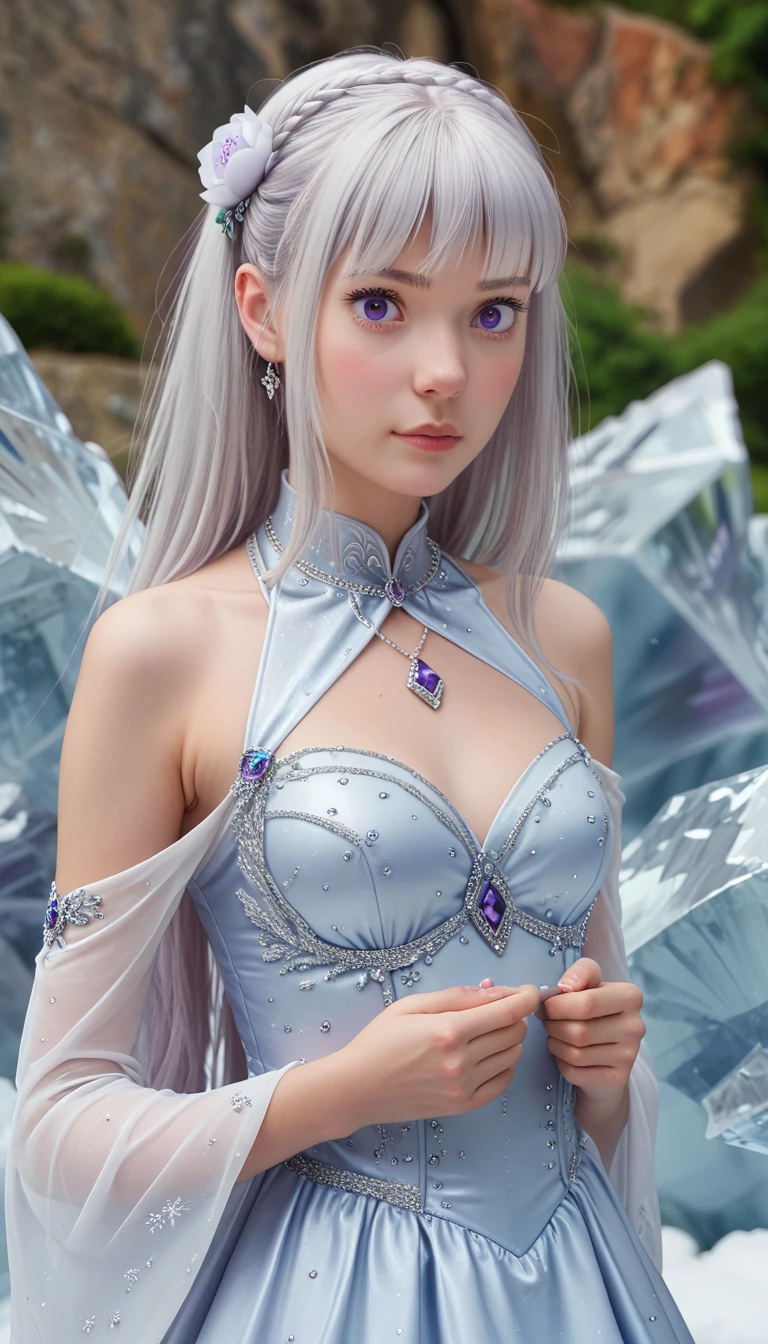 1girl, (Emilia), purple eyes, blue pupils, silver hair, detailed hairstyle, hair flower, deep depth of field, cute girl, teenager, realistic, ice, royal dress