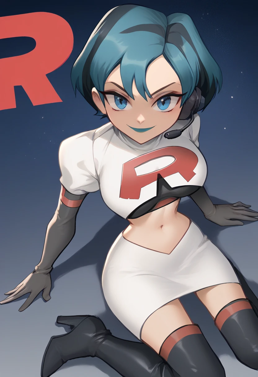 Team rocket, team rocket uniform, red letter R, white skirt,white crop top,black thigh-high boots, black elbow gloves, evil smile, night sky background, headset, large breasts, high-heeled boots, Gwen_Total_Drama, multicolored hair,