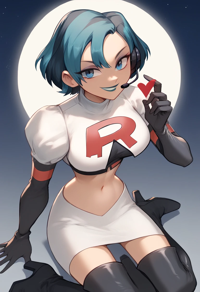 Team rocket, team rocket uniform, red letter R, white skirt,white crop top,black thigh-high boots, black elbow gloves, evil smile, night sky background, headset, large breasts, high-heeled boots, Gwen_Total_Drama, multicolored hair,