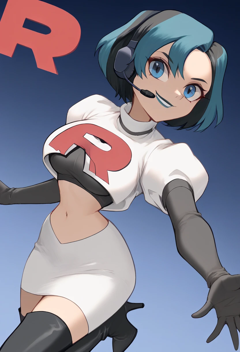 Team rocket, team rocket uniform, red letter R, white skirt,white crop top,black thigh-high boots, black elbow gloves, evil smile, night sky background, headset, large breasts, high-heeled boots, Gwen_Total_Drama, multicolored hair,