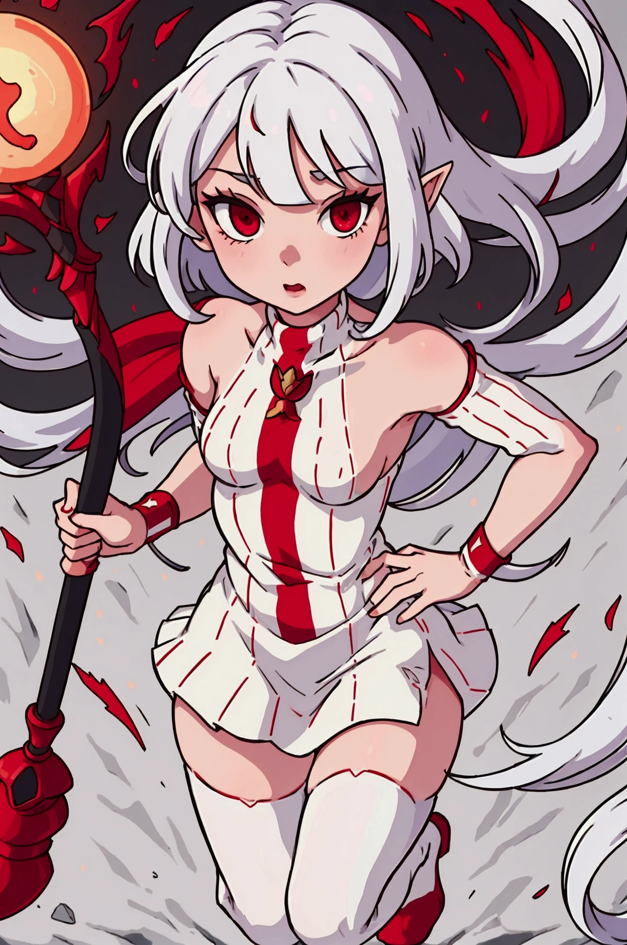 Sexy  pure white haired elf girl in  long red striped sweater with magical staff and red hight-heel boots, black pantyhoses