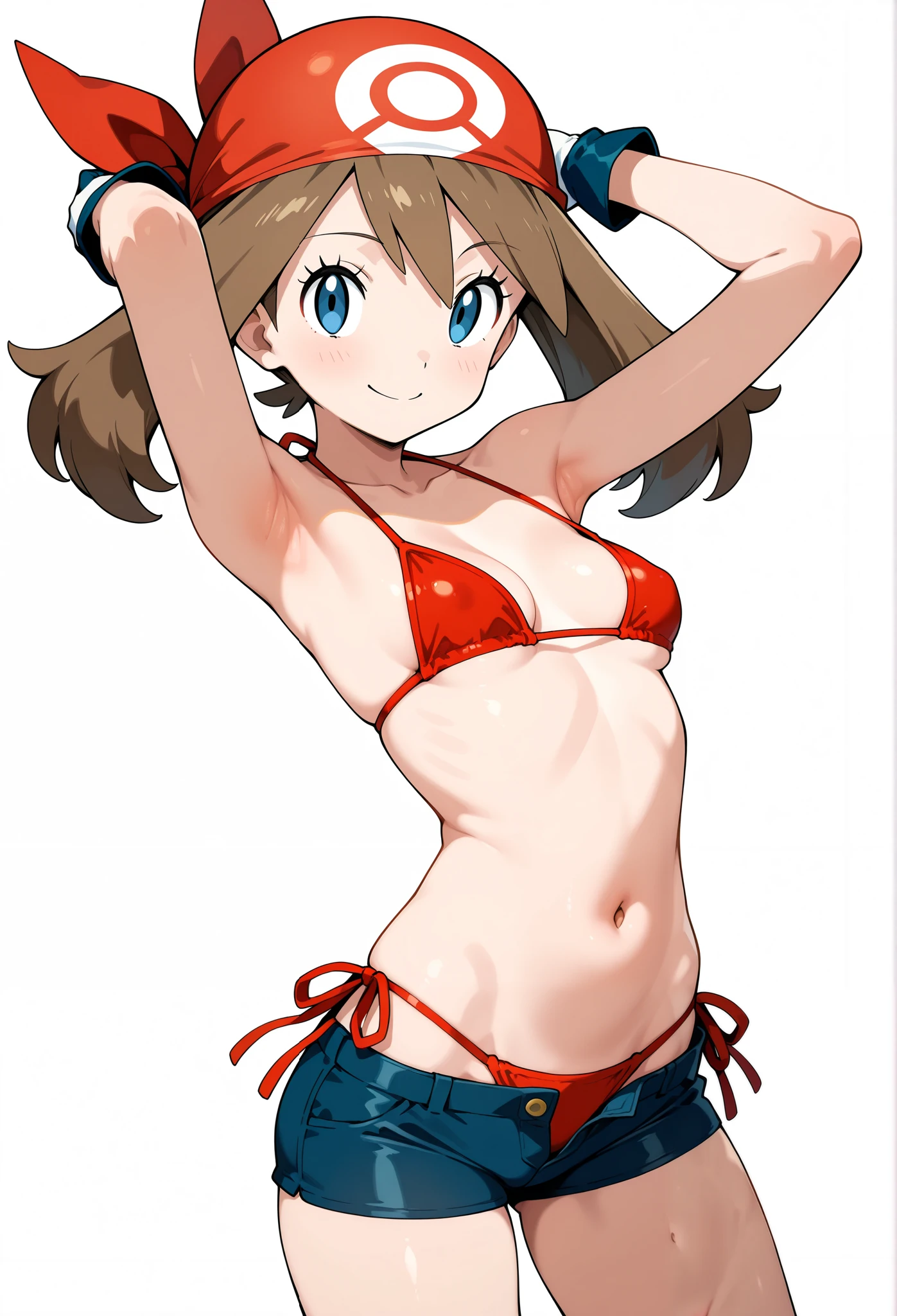 cartoon like female character with small breasts and a short skirt, showing her breasts in a revealing underwear, 1girl, may (pokemon), breasts, bandana, swimsuit, bikini, solo, shorts, brown hair, navel, red bandana, red bikini, blue eyes, white background, smile, short shorts, looking at viewer, simple background, cleavage, gloves, armpits, side-tie bikini bottom, closed mouth