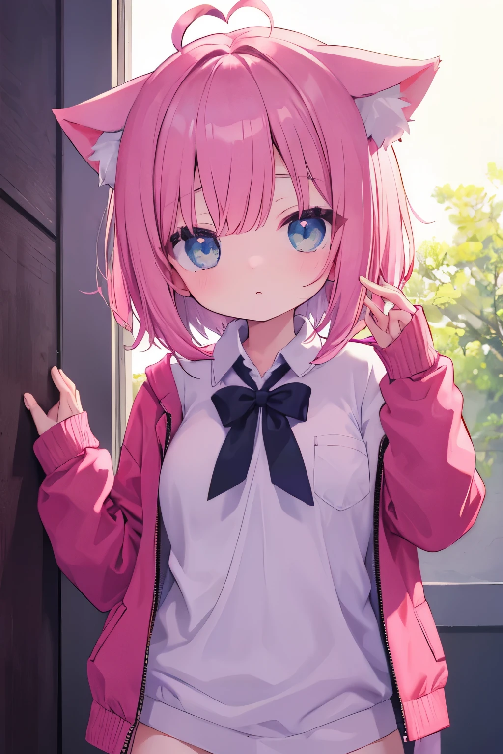 nsfw、 transparent pink short hair、 oversized jacket 、 Wearing color 、 I'm looking for an 、 small breasts、So beautiful、輝く瞳 、cat ears、((((( )))))、heart❤