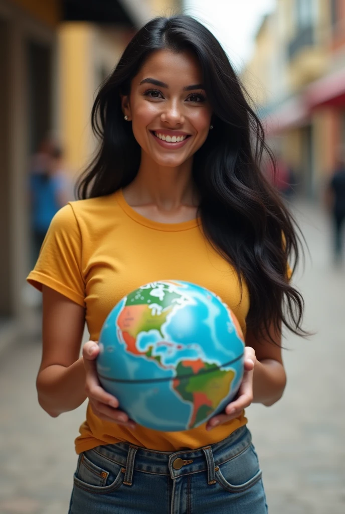 a 16-year-old russian woman wearing a yellow t-shirt, smilling face, , holding a globe in her hands, Holding miniature earth in his hands, stunning image, holding tiny planet earth, Holding miniature earth in his hands, beautiful image, The center of the image, aw photo, A hyper-realistic, Detailed background, refined, Detailed, Realistic face, Detailed face, Realistic skin, (Raw photo, Best Quality), Extremely detailed, nffsw, unit, amazing, Fine details, lightsmile, Highly detailed ejector 8k wallpaper unit, Huge file size, Ultra-detailed, hight resolution, absurderes, Soft light, Half body, Photos without backgrounds