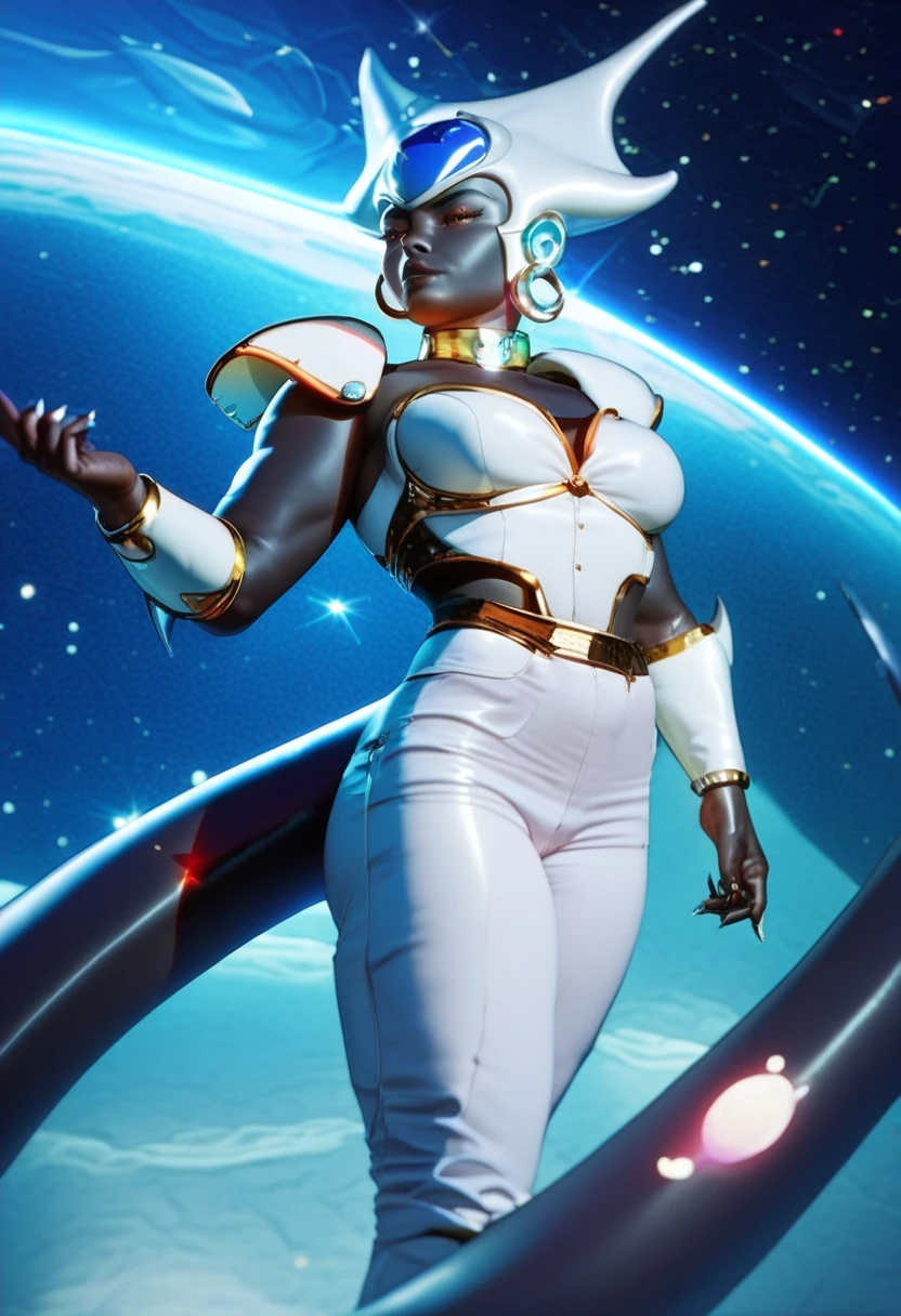 Black skin,frieza race, OC, long tail,sassy expression, warrior outfit, vibrant colors and tone,space setting,conqueror