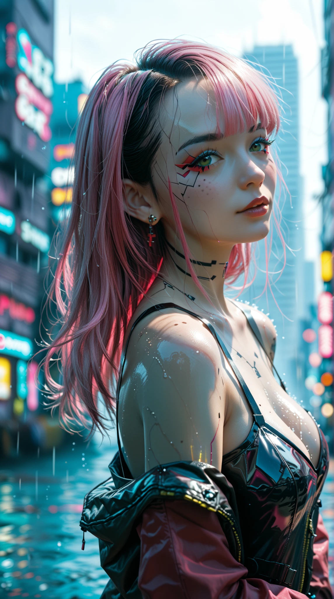 Anime girl with pink hair and piercings, the standing in the rain, cyberpunk art style, cyberpunk vibe, cyberpunk anime art, cyberpunk vibes,  anime cyberpunk art, Cyberpunk Anime Girl, Digital Cyberpunk - Anime Art, cyberpunk anime, digital cyberpunk anime art, female Cyberpunk Anime Girl, cyberpunk themed art, in cyberpunk style, bright cyberpunk glow, in cyberpunk city, cyberpunk artstyle