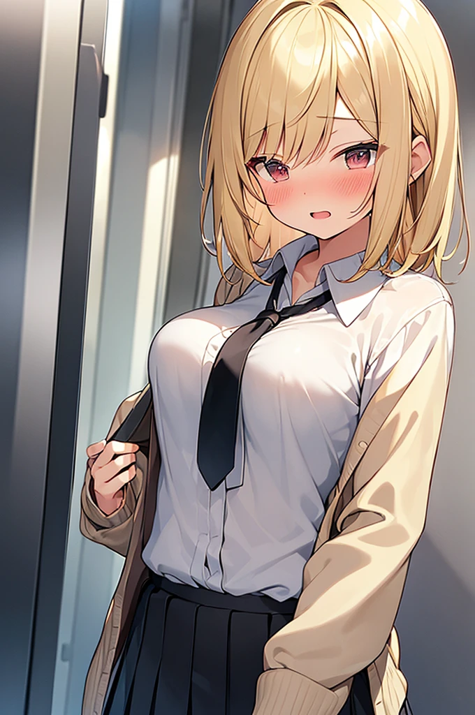 (Masterpiece, Top quality:1.5), nsfw, (1 beautiful girl:1.2), solo, (short height:1.3), ( Cardigan, long sleeve white shirt, black pleated skirt, tie:1.2), (blonde hair:1.3), (medium Hair:1.2), wavy Hair, asymmetry bangs, swept bangs, airy hair, junior high school student, standard weight, ample breasts:1.2, smile:1.2, (blush:1.4), beautiful scene of in train, open mouth