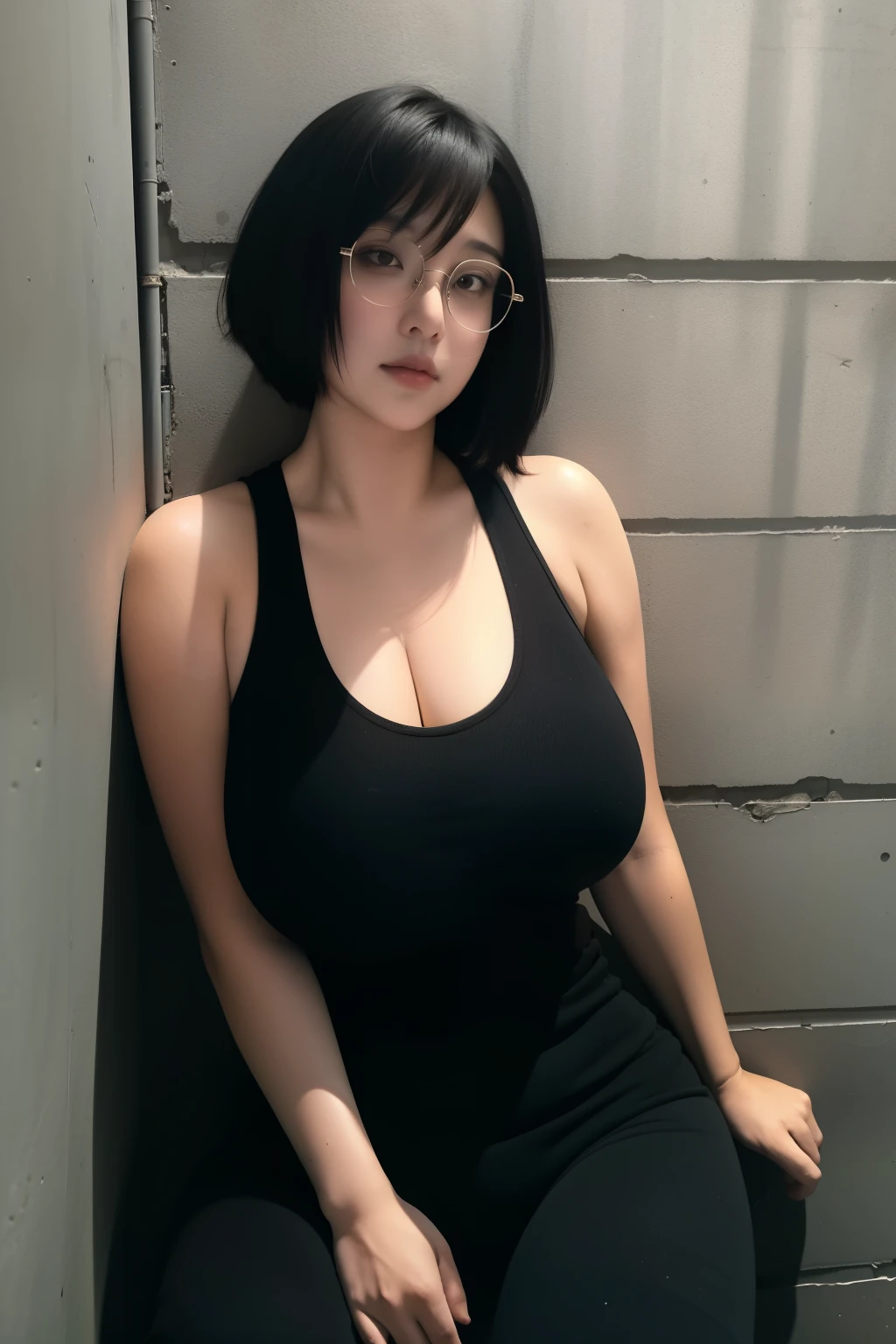 a short, black haired girl, wearing round glasses, a bit muscular, a bit chubby, big breasts, wearing a black tank top and black pants, sitting against the wall in an alley in the middle of an apocalyptic world